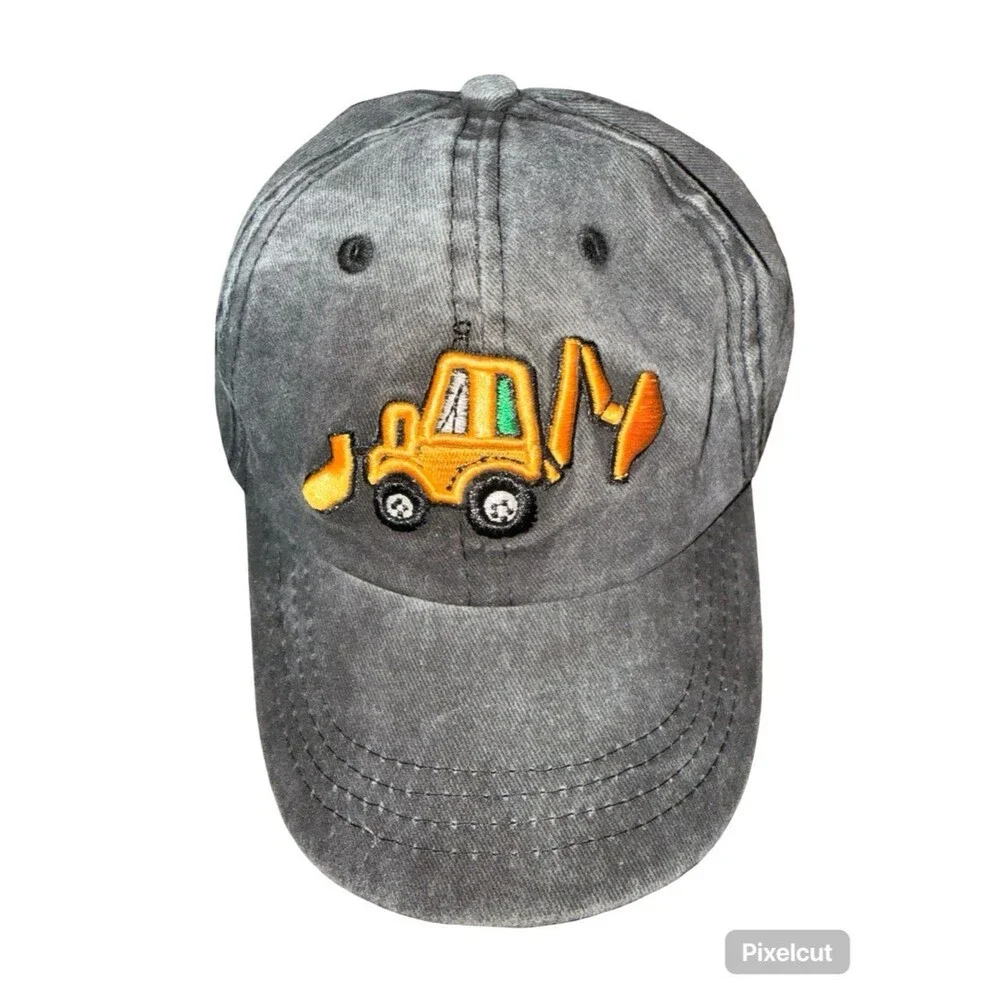 Kids Construction Excavator Hat Adjustable Gray Baseball Cap Embroidered Backhoe